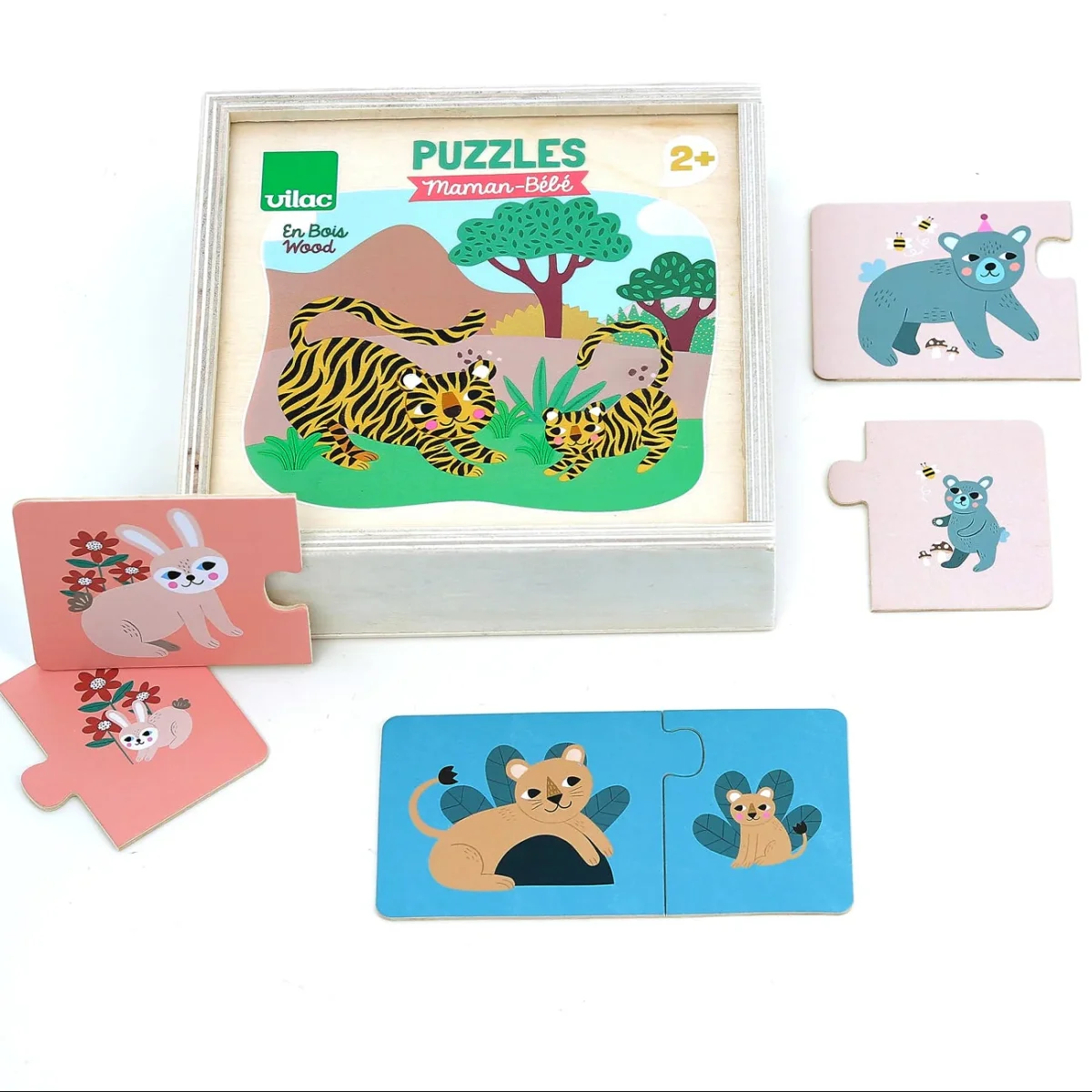 Coffret puzzles en bois 2 ans – Mamans & bébés animaux